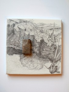 2010 Benzíňák, Kresba na plátně a nález stříbrného, ručně - rytého zapalovače z období 2. světové války, 25 x 25 cm